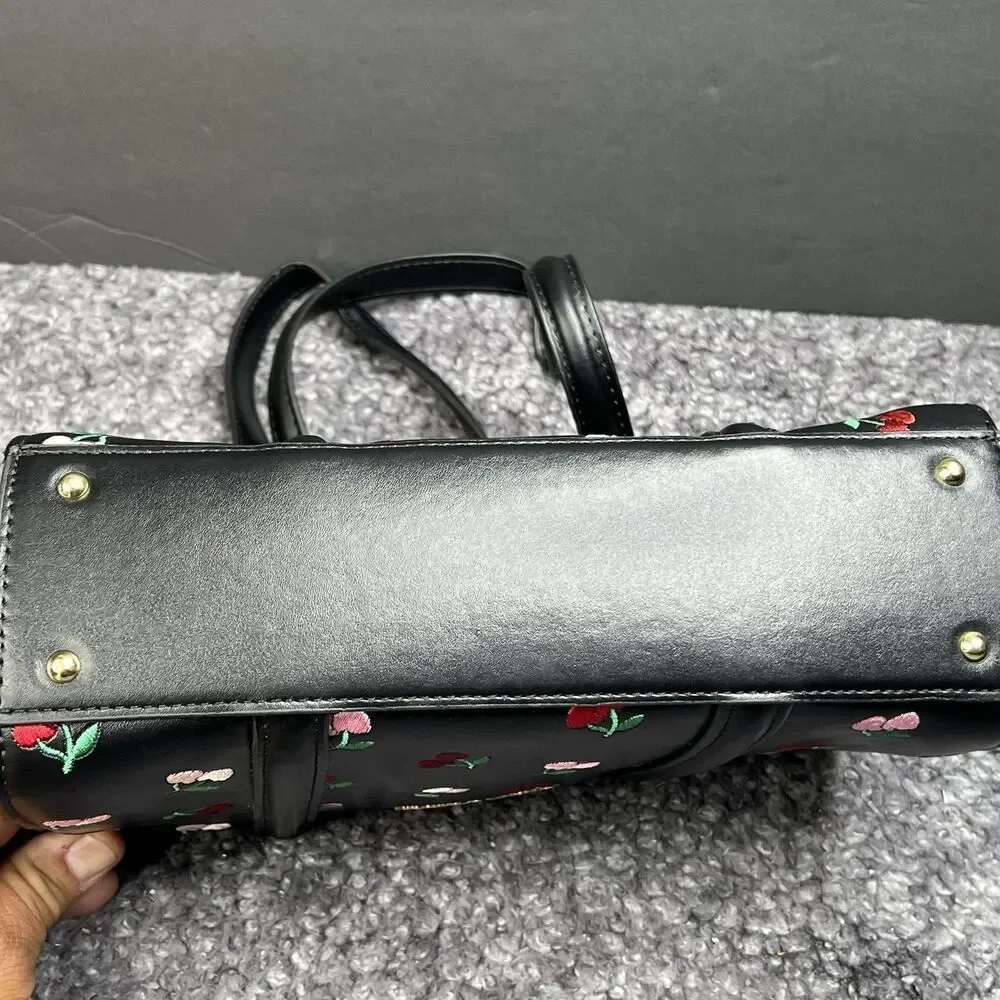 Betsey Johnson XOMACK Shoulder Bag Black Red Embroidered Cherry Charm NWOT